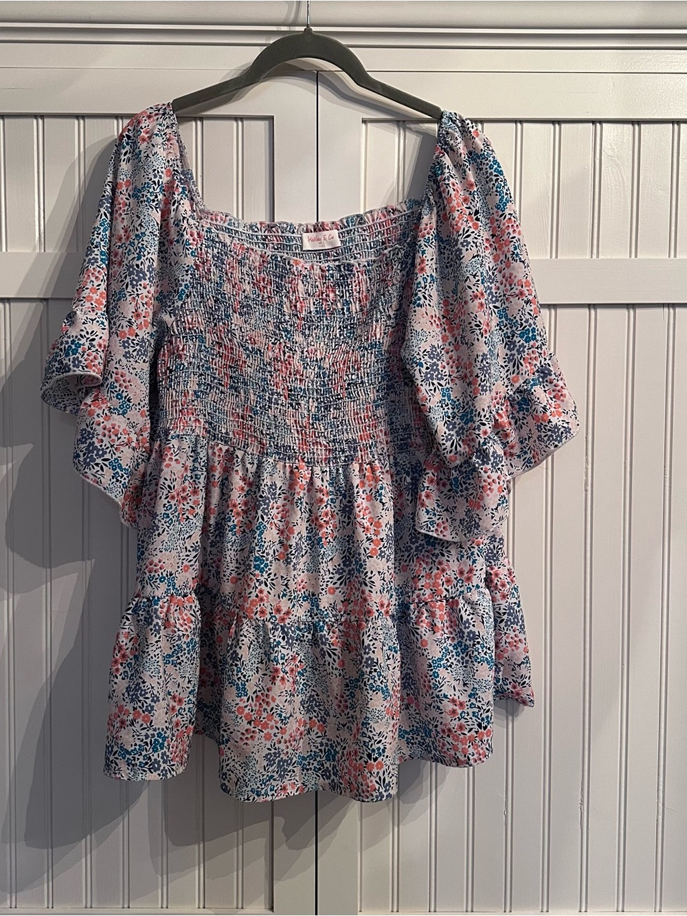 Hailey & Co. Smocked Tiered Floral Blouse in White with Pink & Blue - Women's